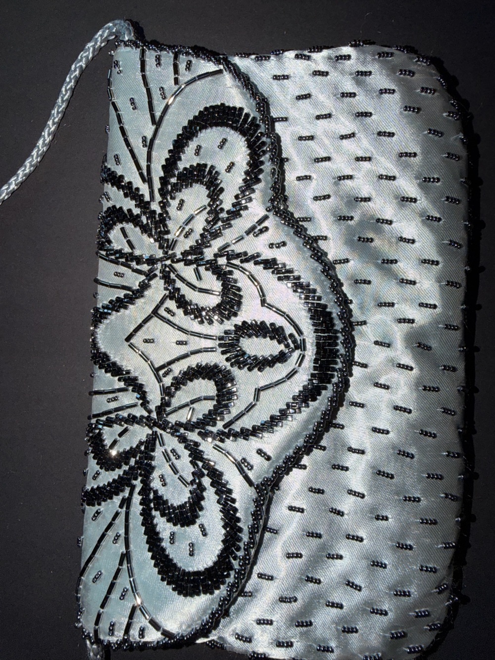 Vintage Magid in silver blue/gray satin with dark charcoal-gray/black beading